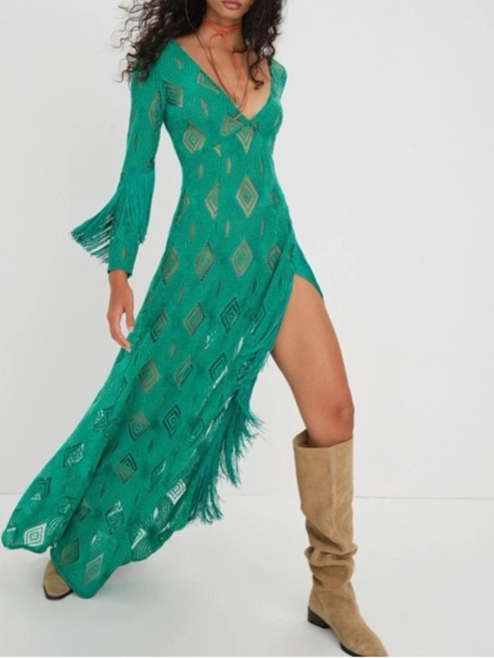 For Love & Lemons Emerald Green Crochet Maxi Dress